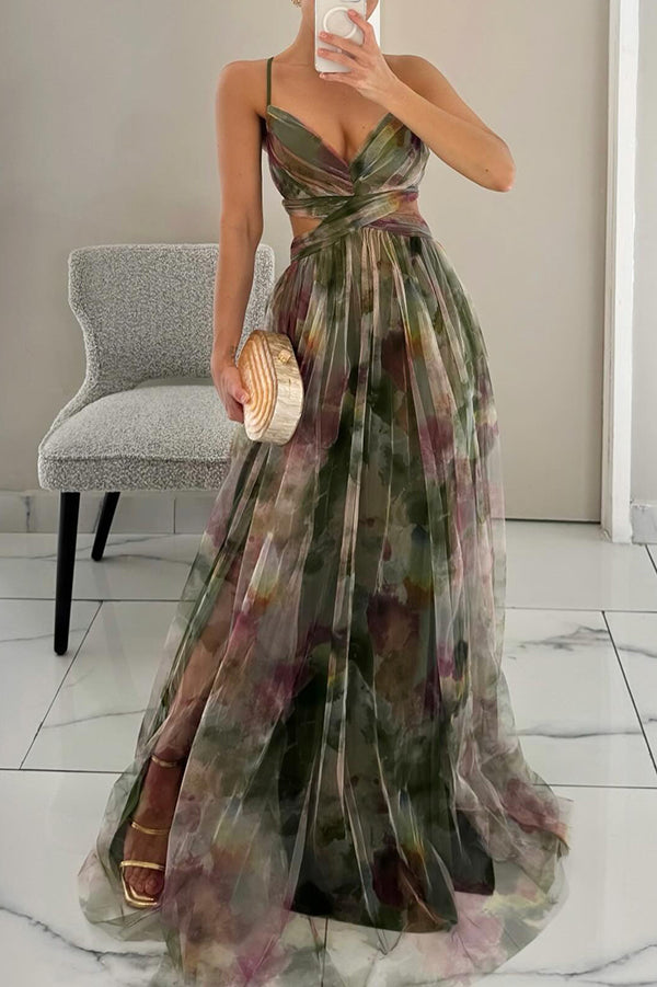Womens Watercolour Maxi Dress - Deep V-Neck Flowing Style