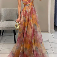 Womens Watercolour Maxi Dress - Deep V-Neck Flowing Style