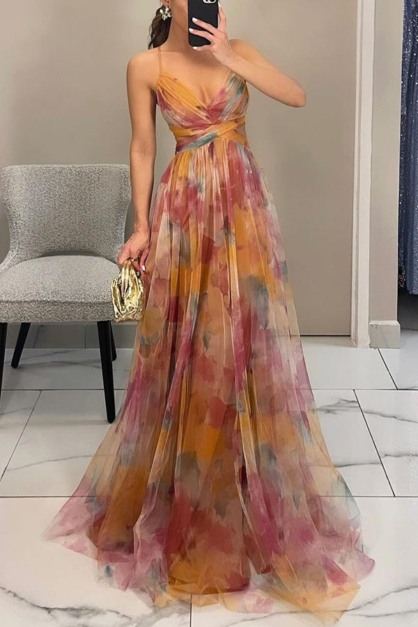 Womens Watercolour Maxi Dress - Deep V-Neck Flowing Style