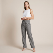 Womens Linen Wide Leg Pants - Elasticated Drawstring Waist