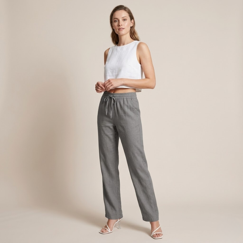 Womens Linen Wide Leg Pants - Elasticated Drawstring Waist