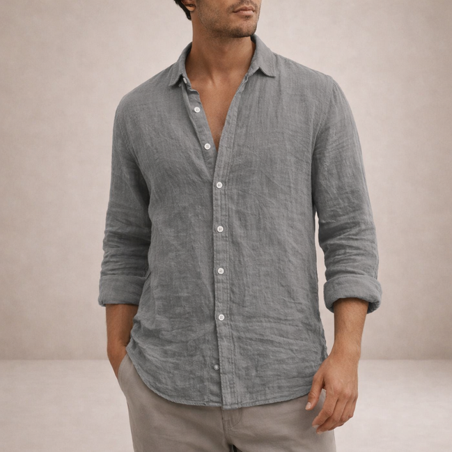 Mens Linen Shirt - Open Collar Long Sleeve Casual