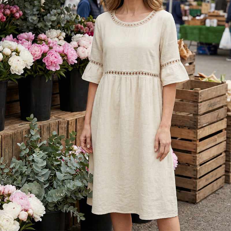 Womens Cotton-Linen Midi Dress - Lace Detail with Pockets