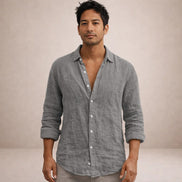 Mens Linen Shirt - Open Collar Long Sleeve Casual