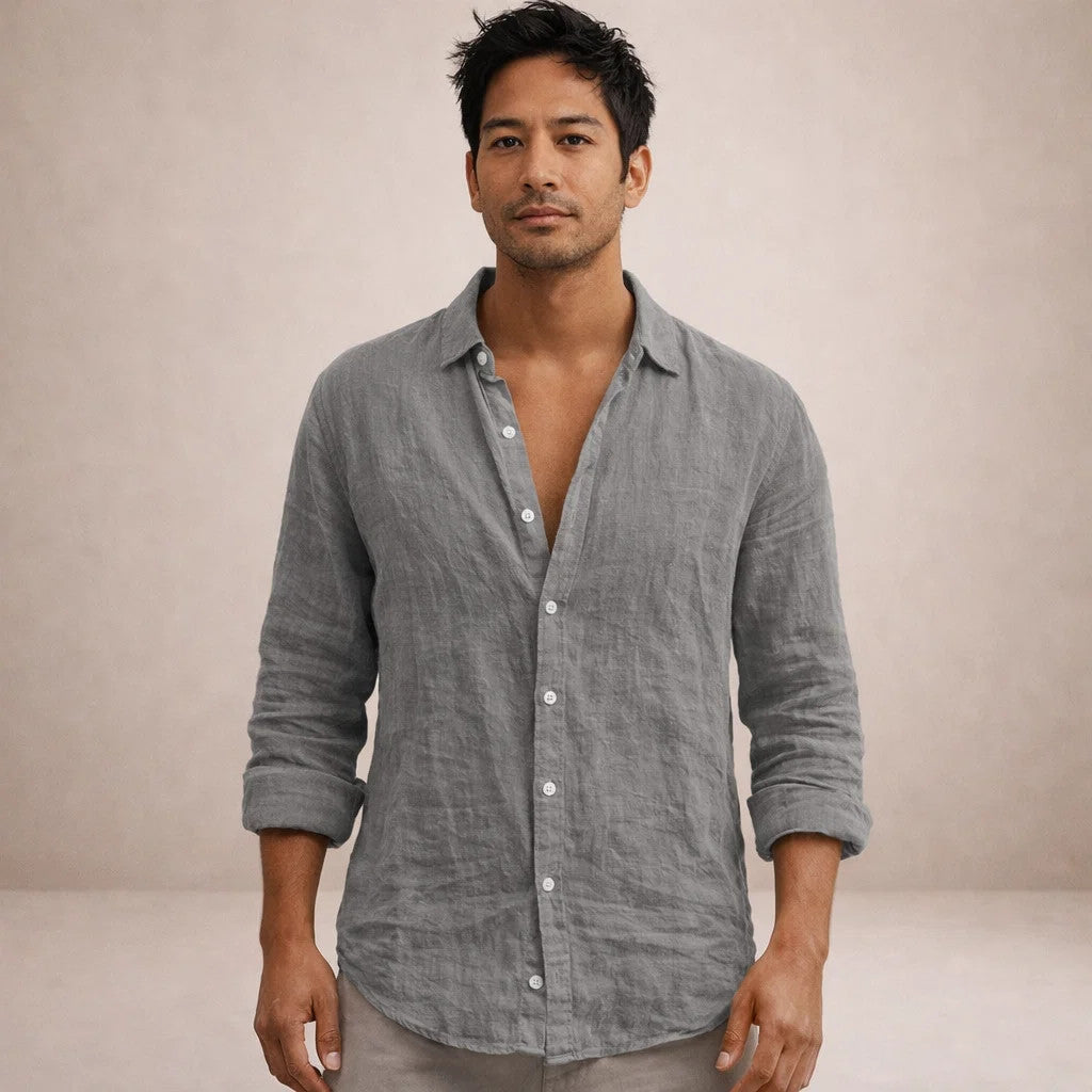 Mens Linen Shirt - Open Collar Long Sleeve Casual