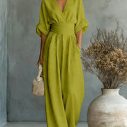 Womens Wide-Leg Wrap Jumpsuit - Cinched Waist Style