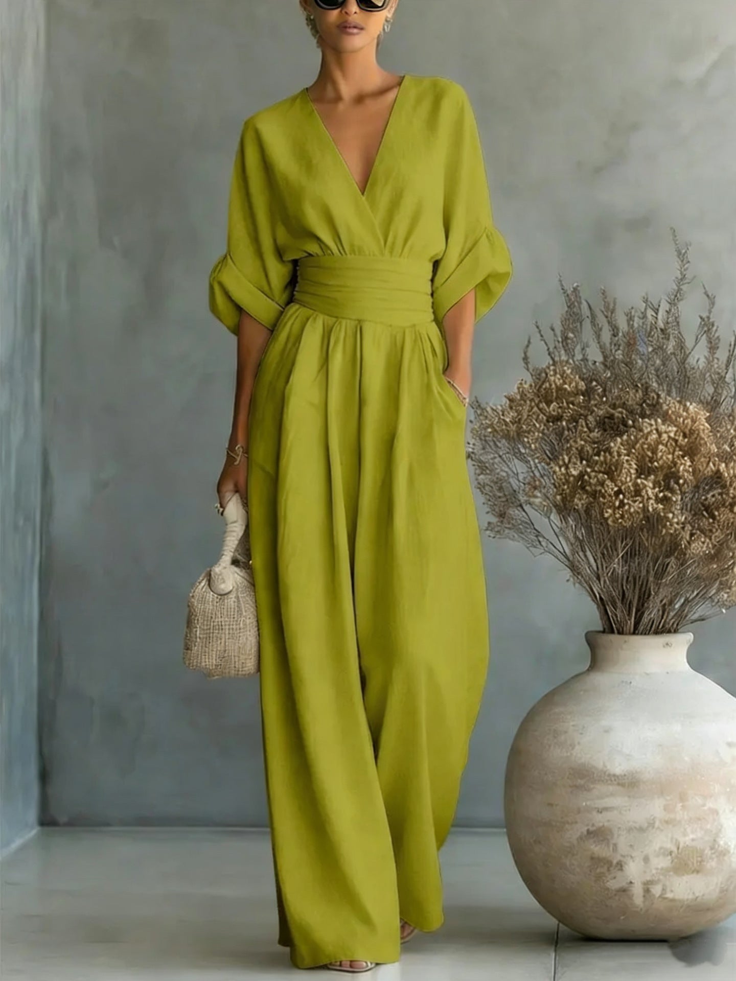 Womens Wide-Leg Wrap Jumpsuit - Cinched Waist Style