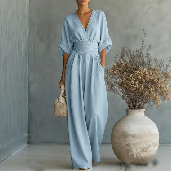 Womens Wide-Leg Wrap Jumpsuit - Cinched Waist Style