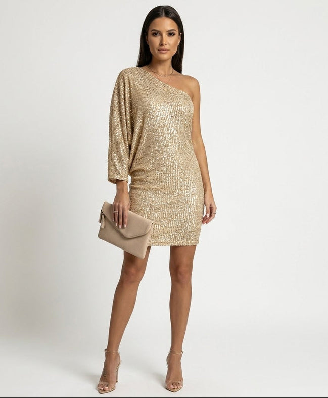 Womens Sequin Party Dress - One-Shoulder Statement Style