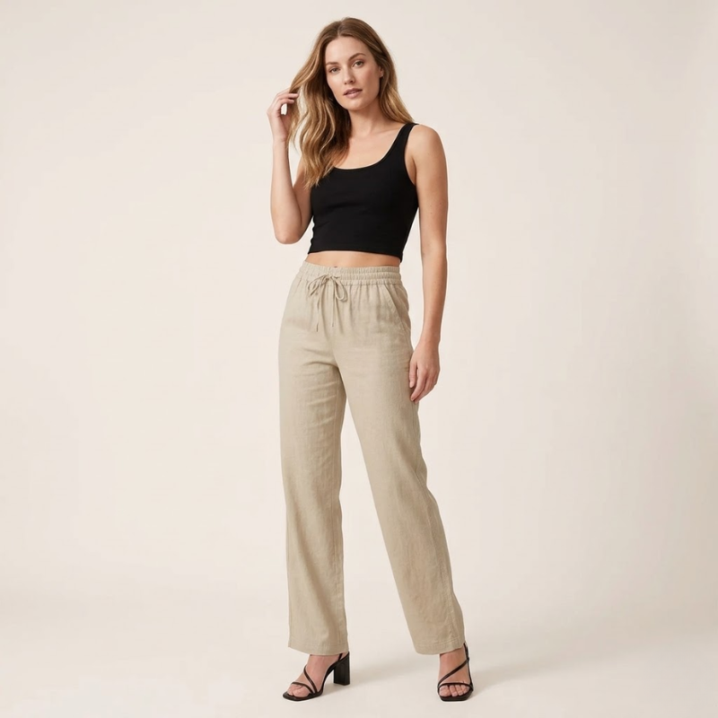 Womens Linen Wide Leg Pants - Elasticated Drawstring Waist