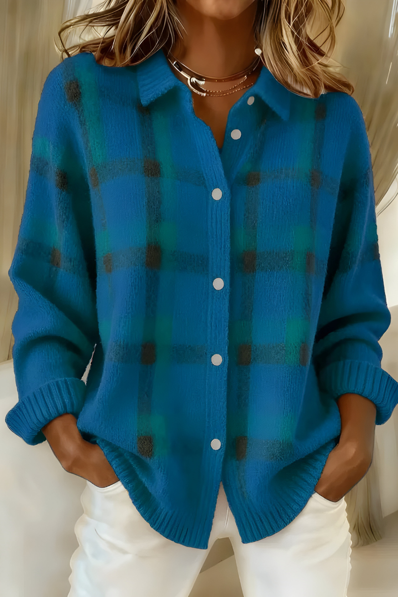Womens Plaid Knit Shacket – Relaxed Button-Up Style