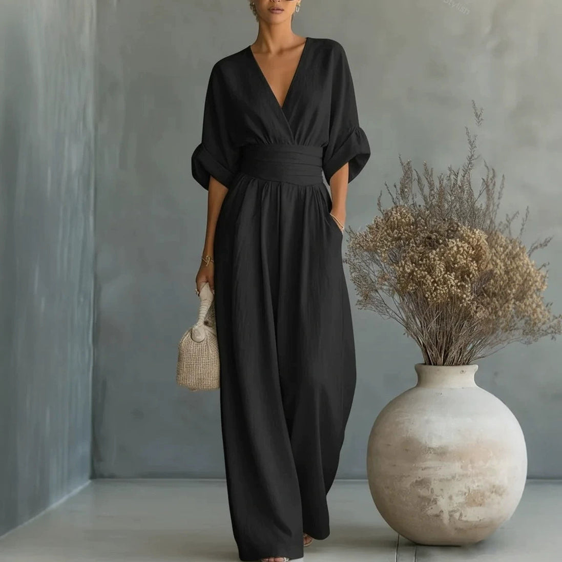 Womens Wide-Leg Wrap Jumpsuit - Cinched Waist Style