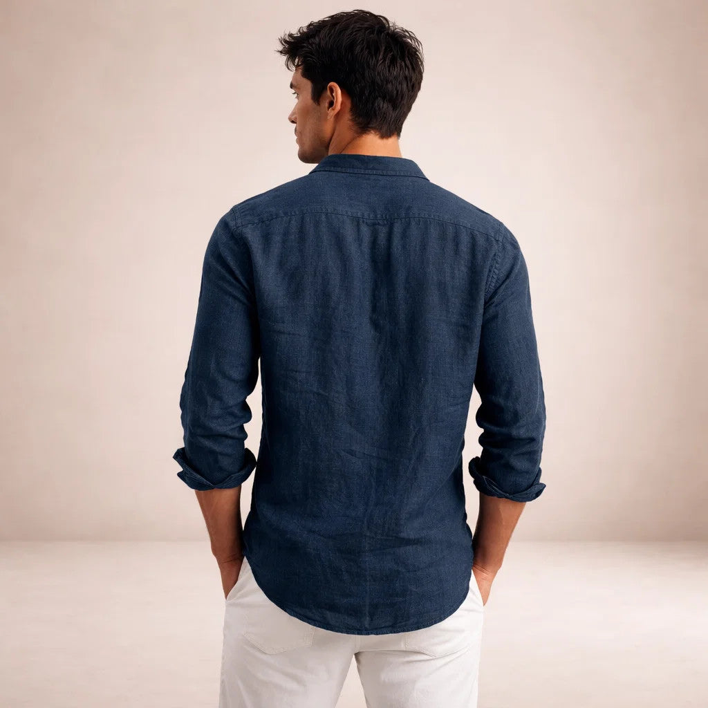 Mens Linen Shirt - Open Collar Long Sleeve Casual