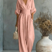 Womens Wide-Leg Wrap Jumpsuit - Cinched Waist Style