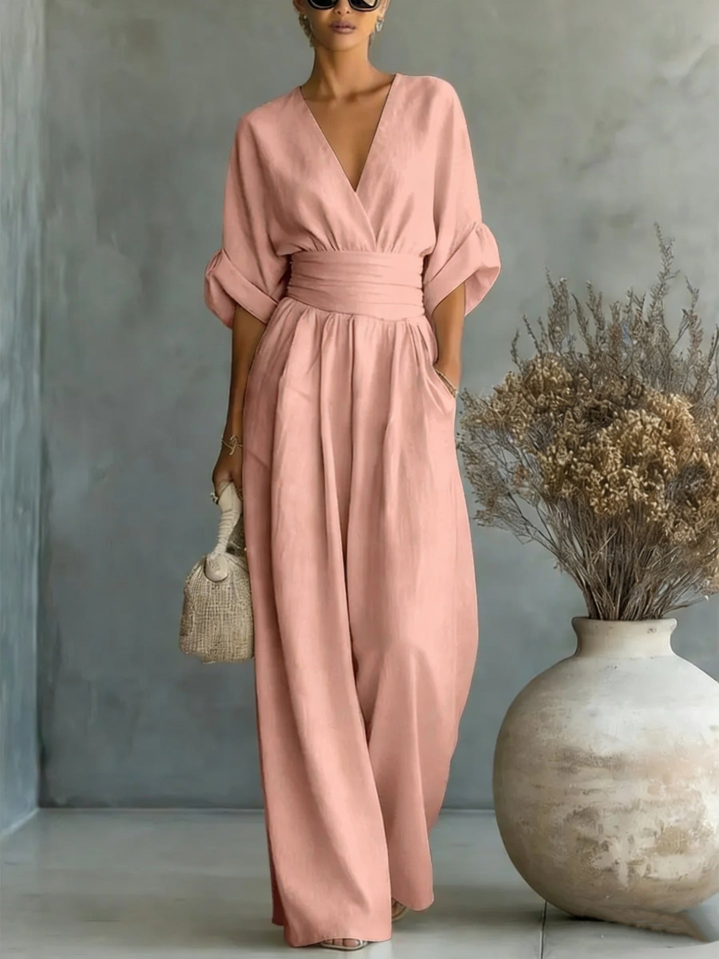 Womens Wide-Leg Wrap Jumpsuit - Cinched Waist Style