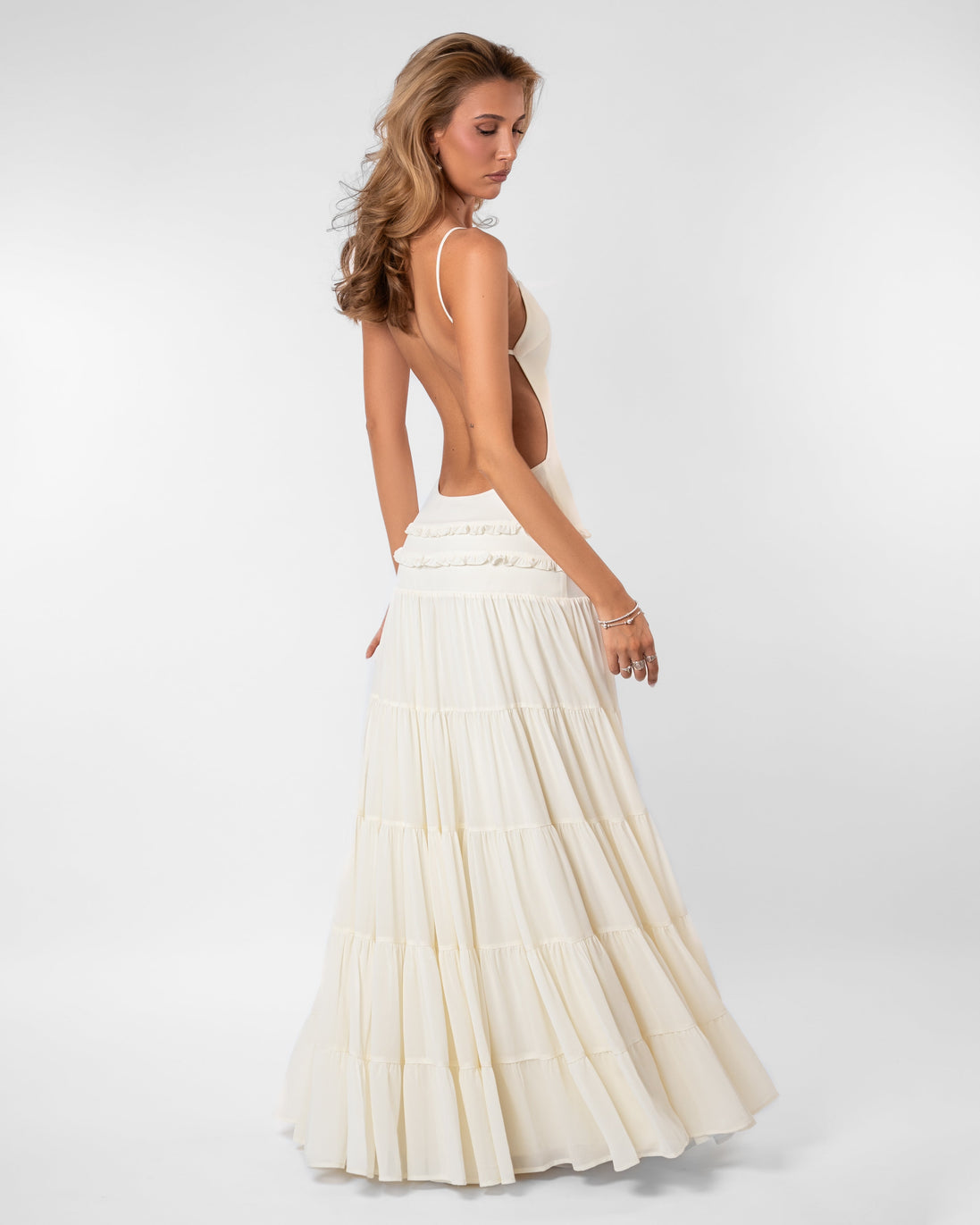 Womens Chiffon Maxi Dress - Open Back with Ruffle Detail