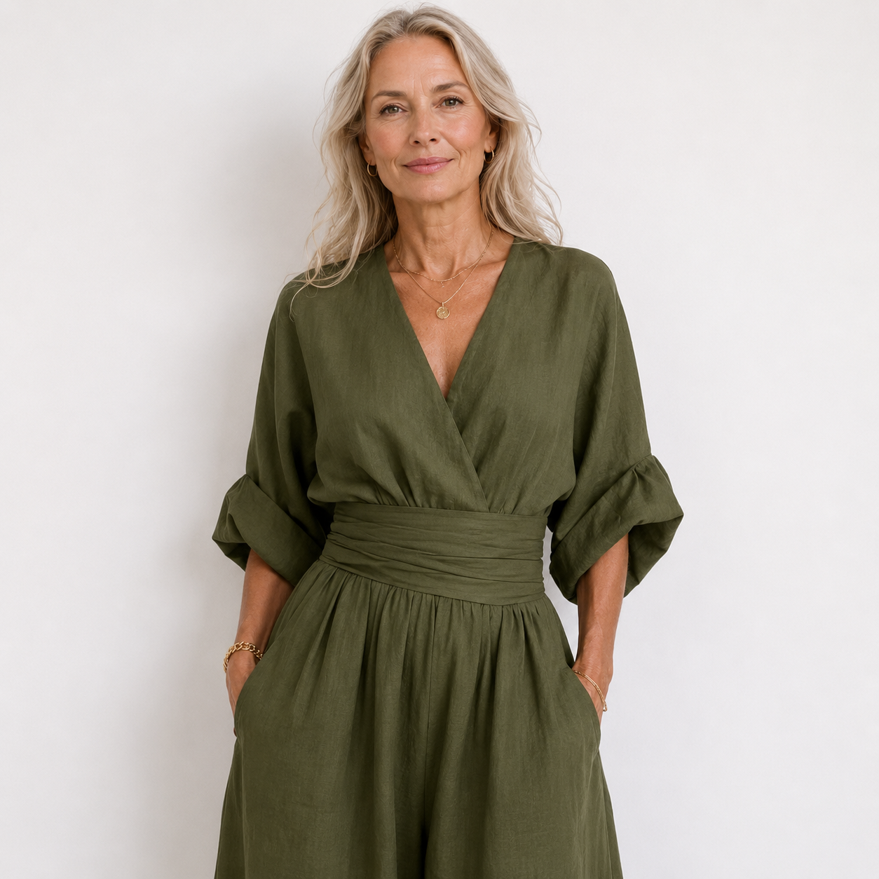 Womens Wide-Leg Wrap Jumpsuit - Cinched Waist Style