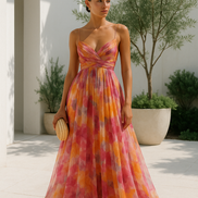 Womens Watercolour Maxi Dress - Deep V-Neck Flowing Style
