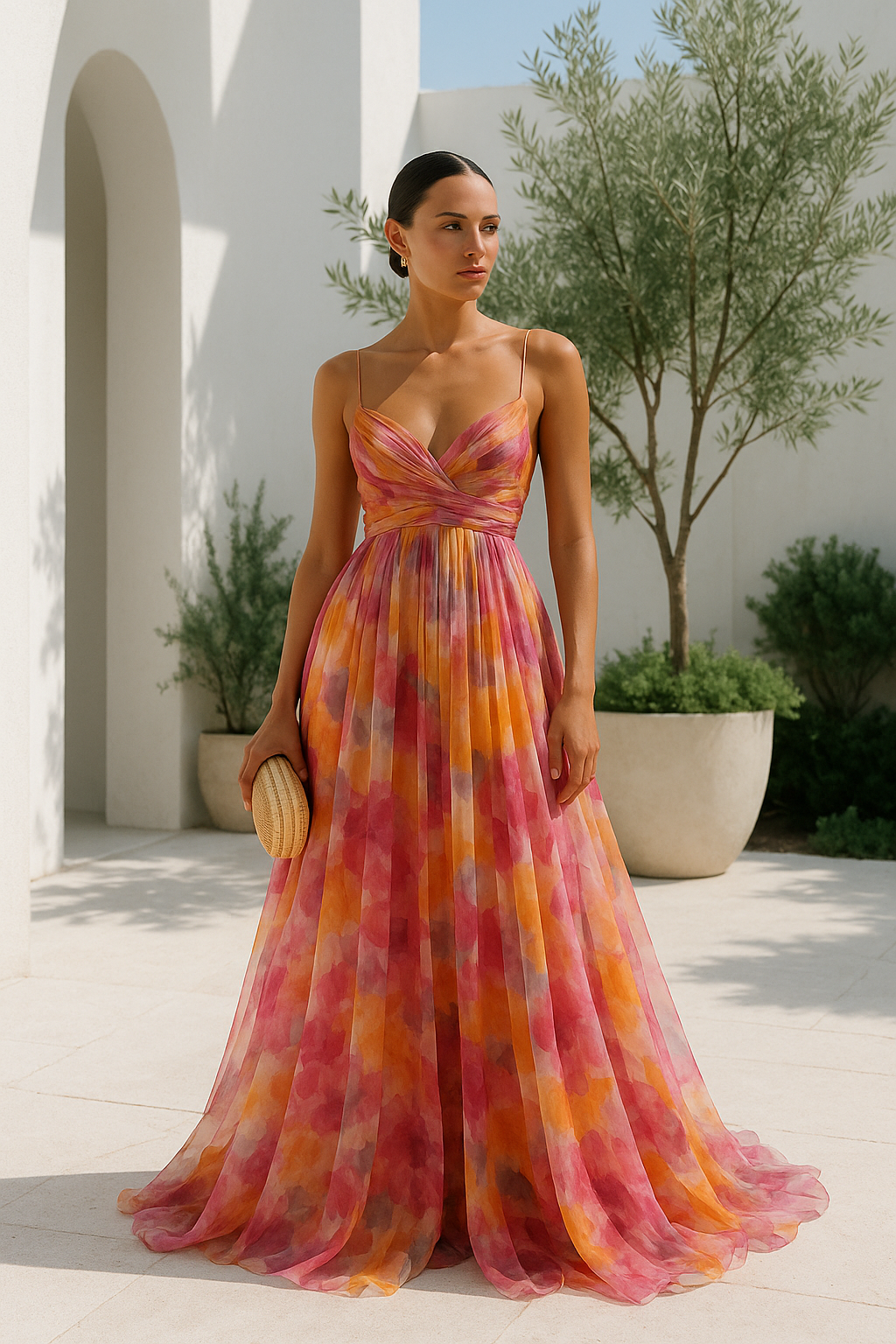Womens Watercolour Maxi Dress - Deep V-Neck Flowing Style