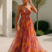 Womens Watercolour Maxi Dress - Deep V-Neck Flowing Style