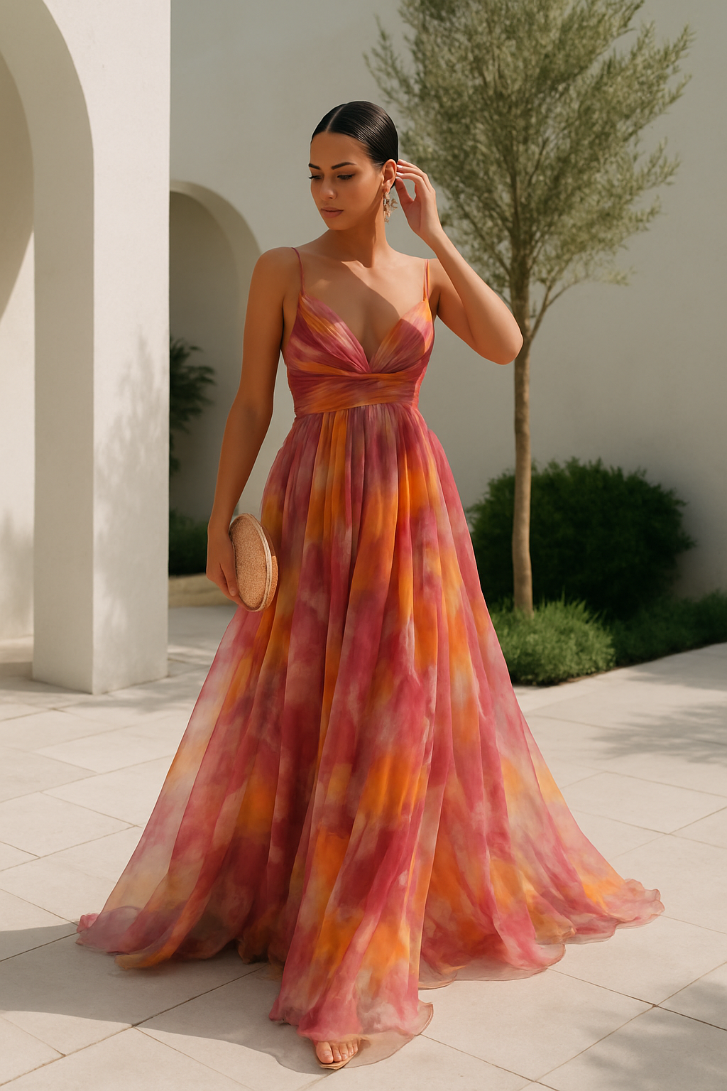 Womens Watercolour Maxi Dress - Deep V-Neck Flowing Style