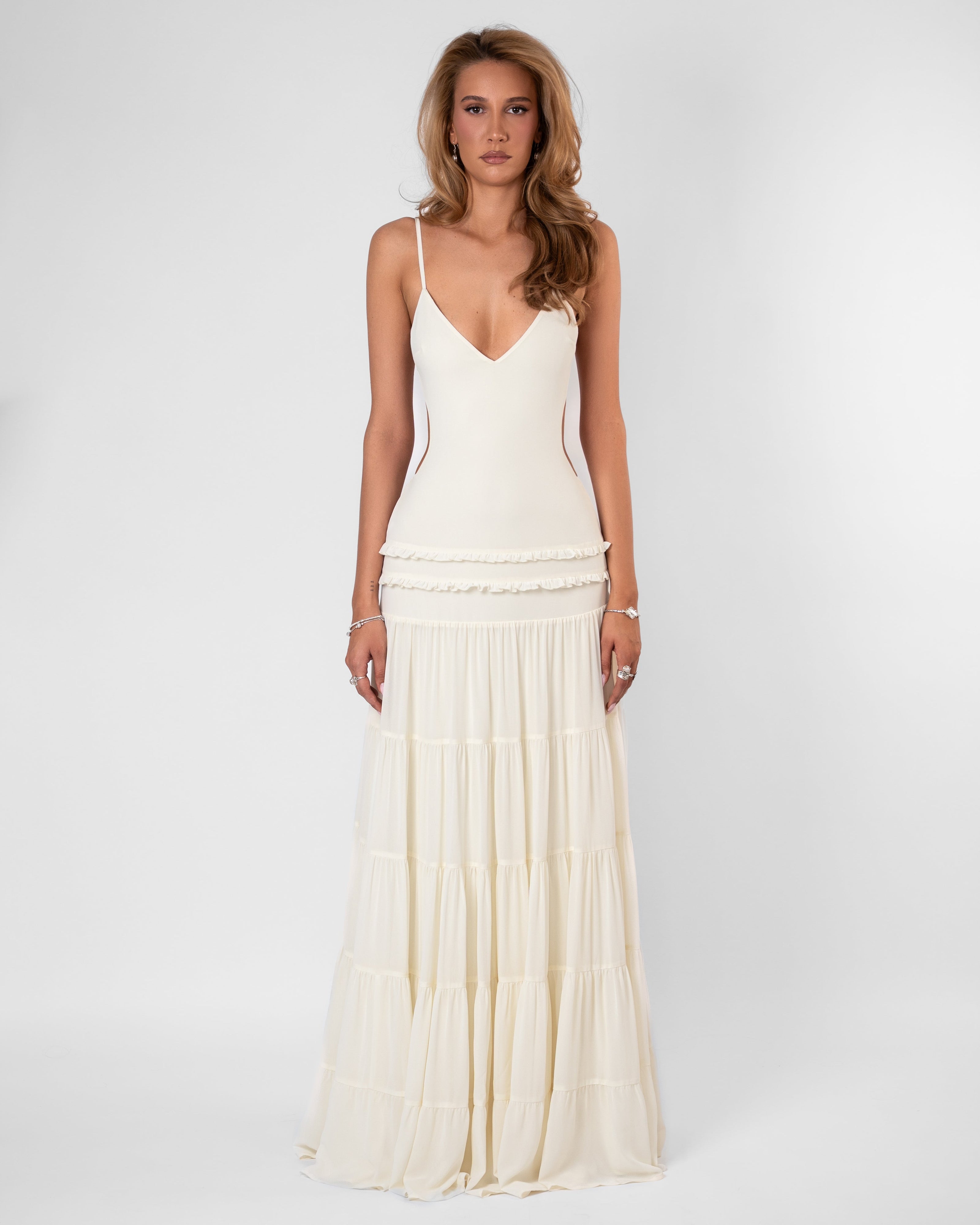 Womens Chiffon Maxi Dress - Open Back with Ruffle Detail