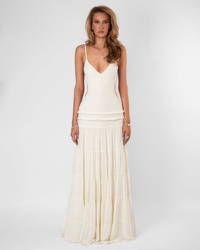 Womens Chiffon Maxi Dress - Open Back with Ruffle Detail