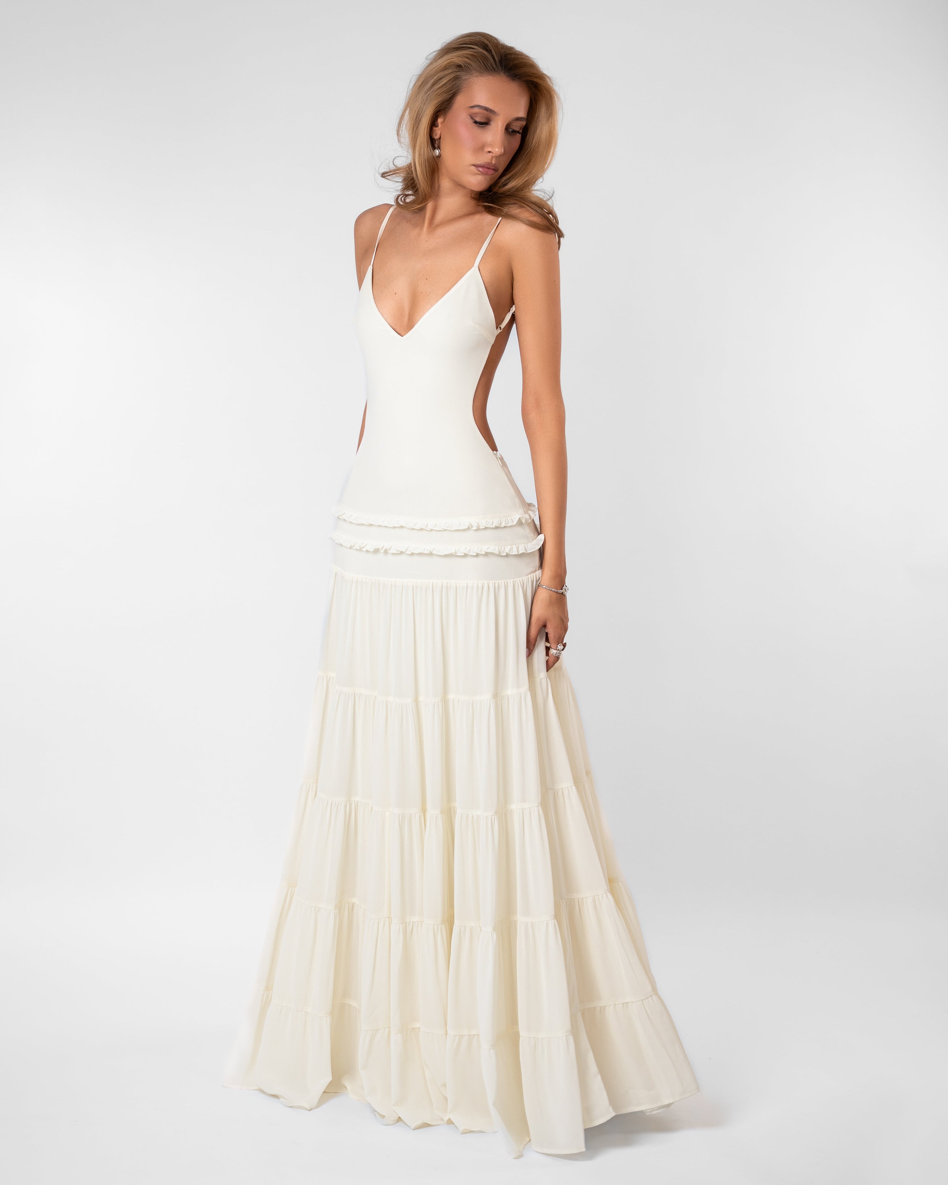 Womens Chiffon Maxi Dress - Open Back with Ruffle Detail