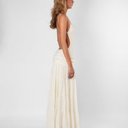 Womens Chiffon Maxi Dress - Open Back with Ruffle Detail