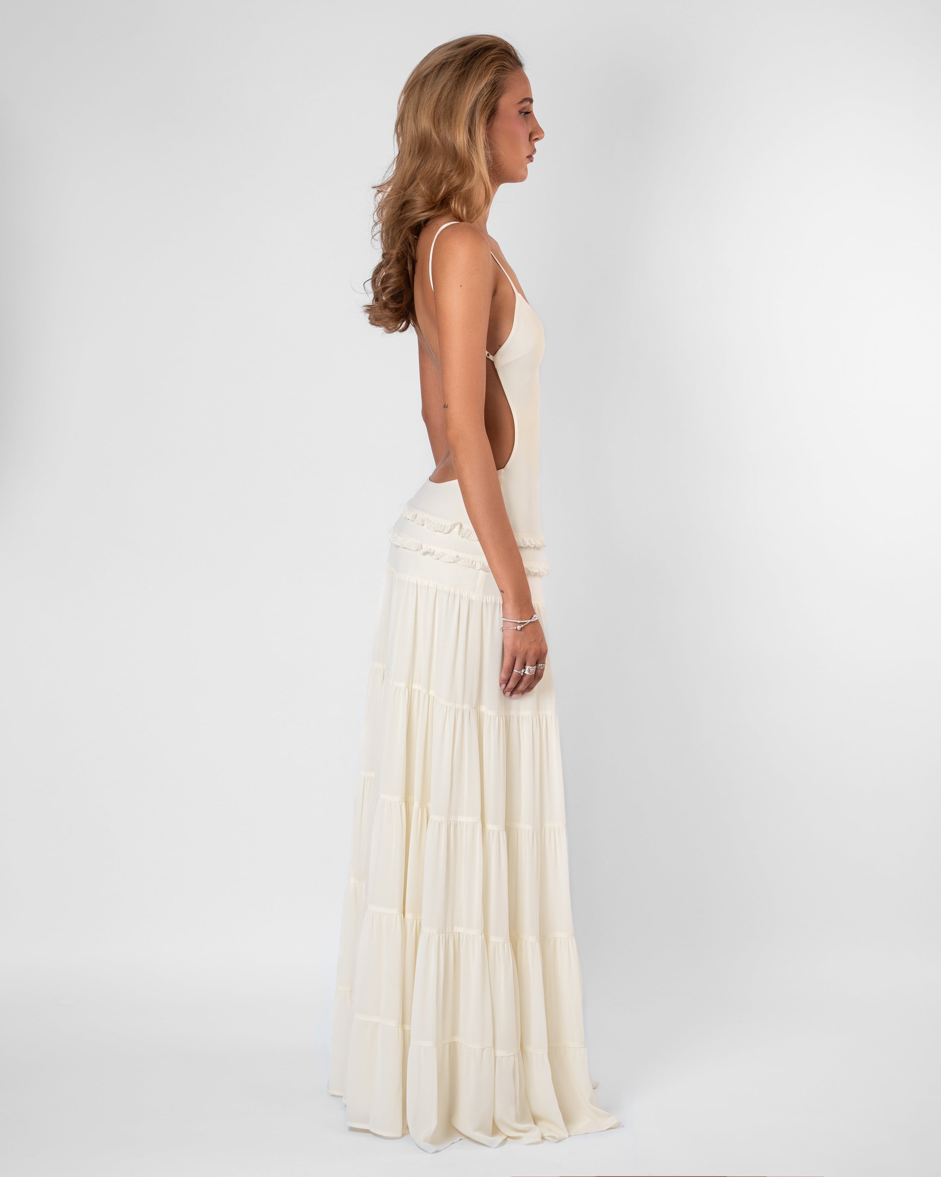 Womens Chiffon Maxi Dress - Open Back with Ruffle Detail