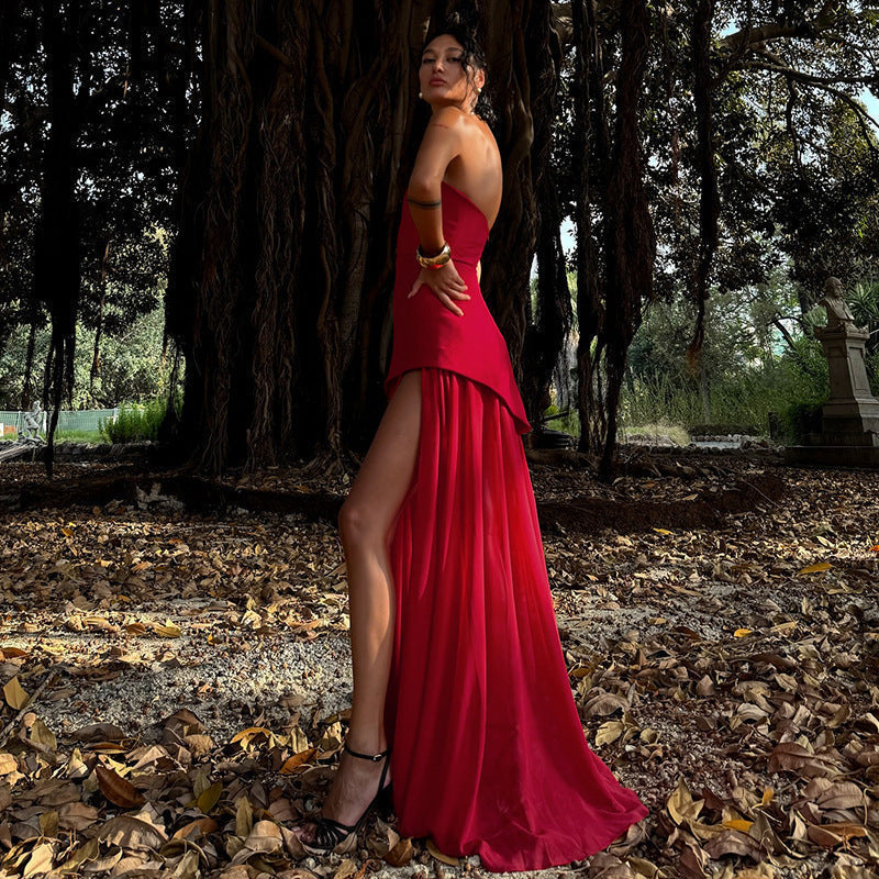 Womens Strapless Maxi Dress - Asymmetric Sheer Style