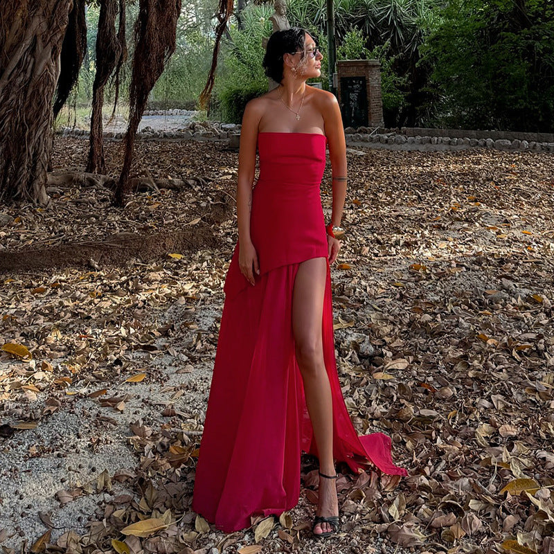 Womens Strapless Maxi Dress - Asymmetric Sheer Style
