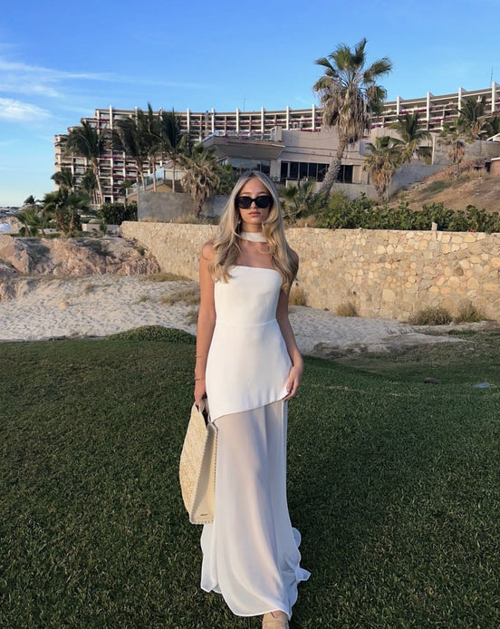 Womens Strapless Maxi Dress - Asymmetric Sheer Style