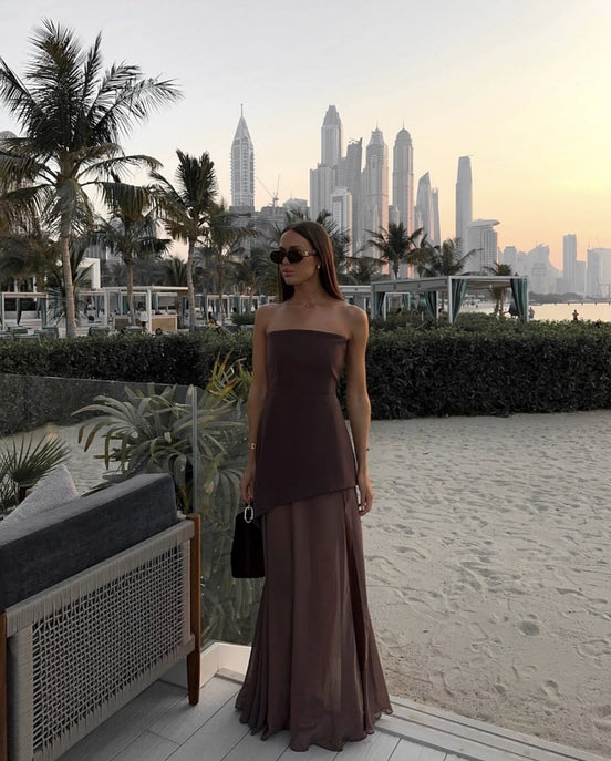 Womens Strapless Maxi Dress - Asymmetric Sheer Style