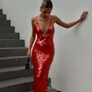 Womens Sequin Maxi Dress - Deep V-Neck Mermaid Style