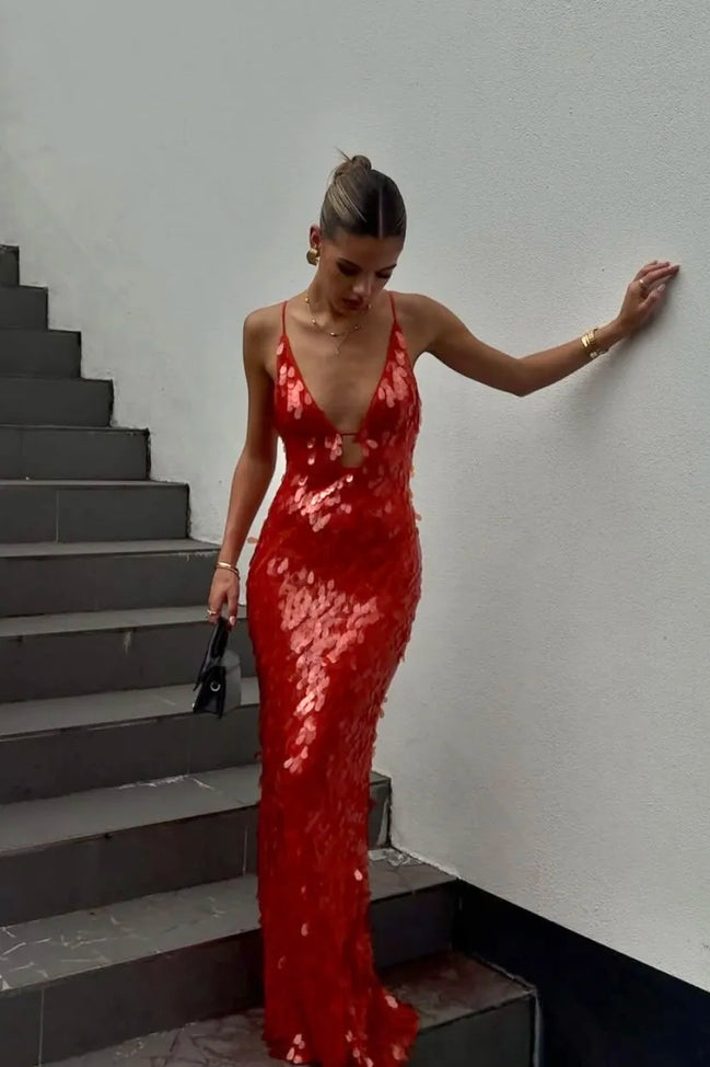 Womens Sequin Maxi Dress - Deep V-Neck Mermaid Style