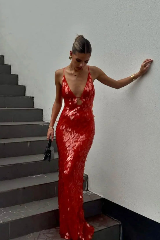 Womens Sequin Maxi Dress - Deep V-Neck Mermaid Style