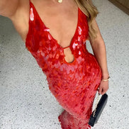 Womens Sequin Maxi Dress - Deep V-Neck Mermaid Style
