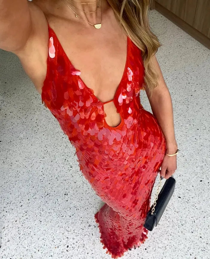 Womens Sequin Maxi Dress - Deep V-Neck Mermaid Style