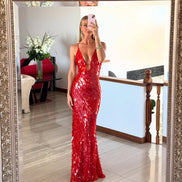 Womens Sequin Maxi Dress - Deep V-Neck Mermaid Style