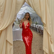 Womens Sequin Maxi Dress - Deep V-Neck Mermaid Style