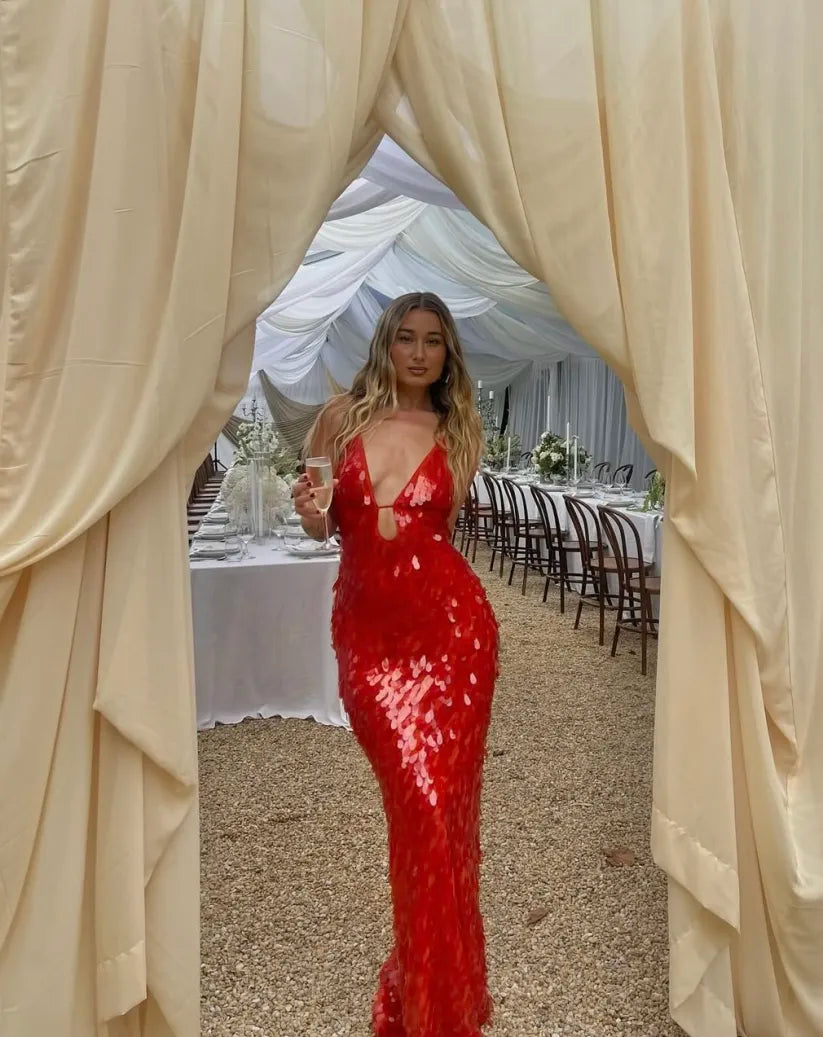 Womens Sequin Maxi Dress - Deep V-Neck Mermaid Style