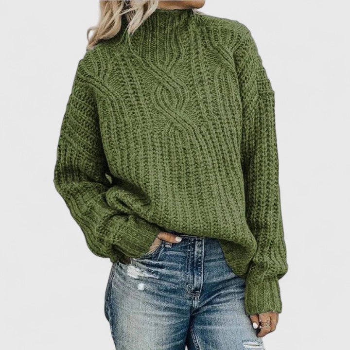 Womens Cable Knit Sweater – Relaxed Mock Neck Style