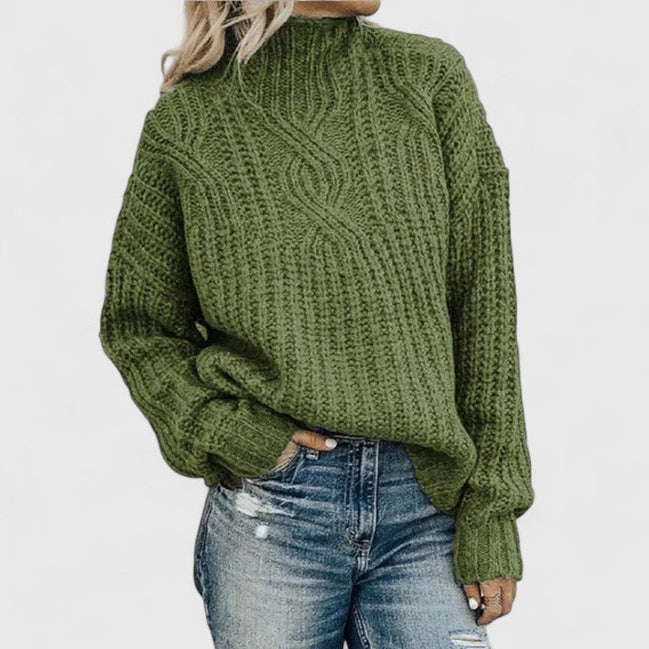 Womens Cable Knit Sweater – Relaxed Mock Neck Style