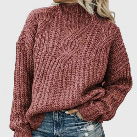 Womens Cable Knit Sweater – Relaxed Mock Neck Style