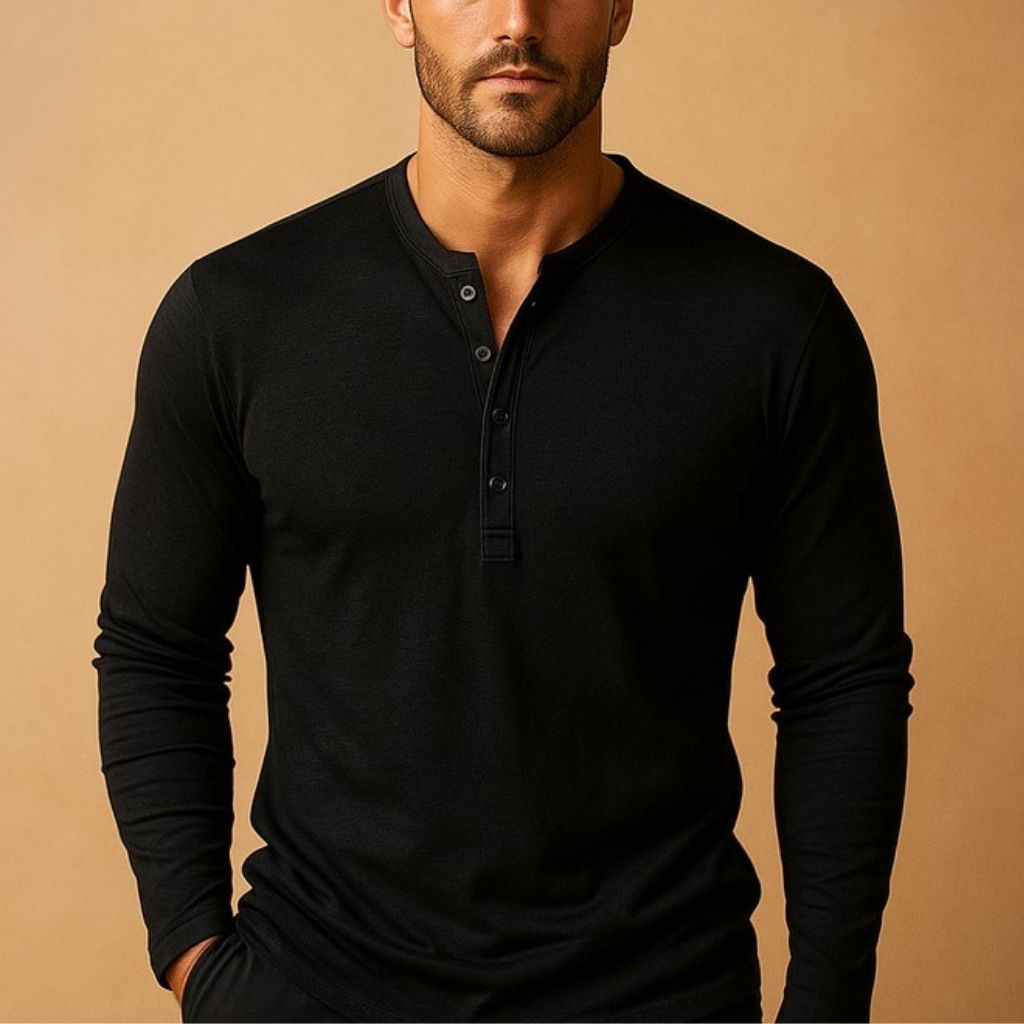 Mens Slim Fit Henley - Long Sleeve Button Neckline