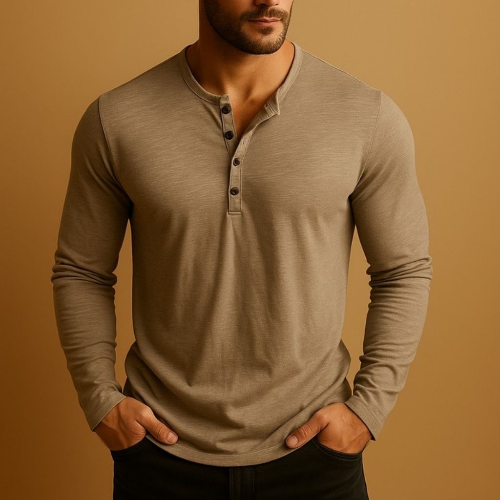 Mens Slim Fit Henley - Long Sleeve Button Neckline