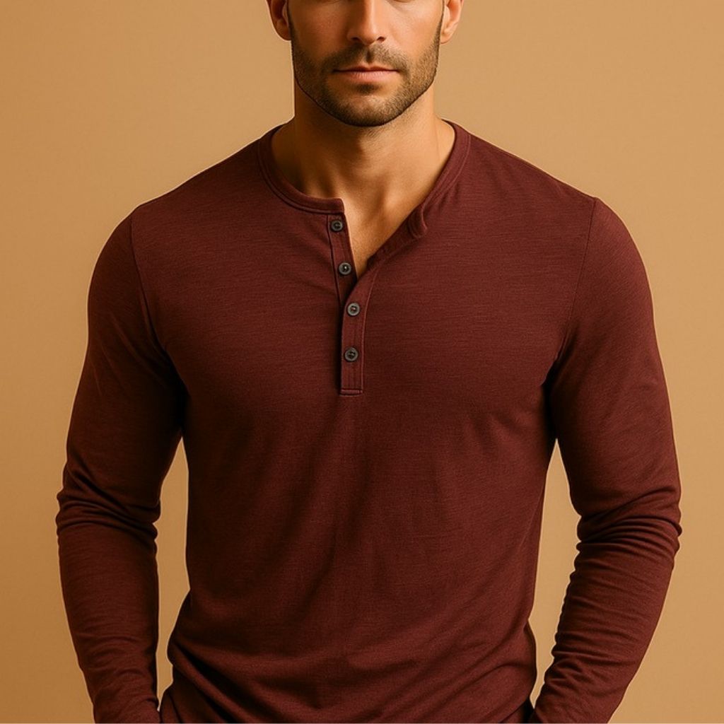 Mens Slim Fit Henley - Long Sleeve Button Neckline