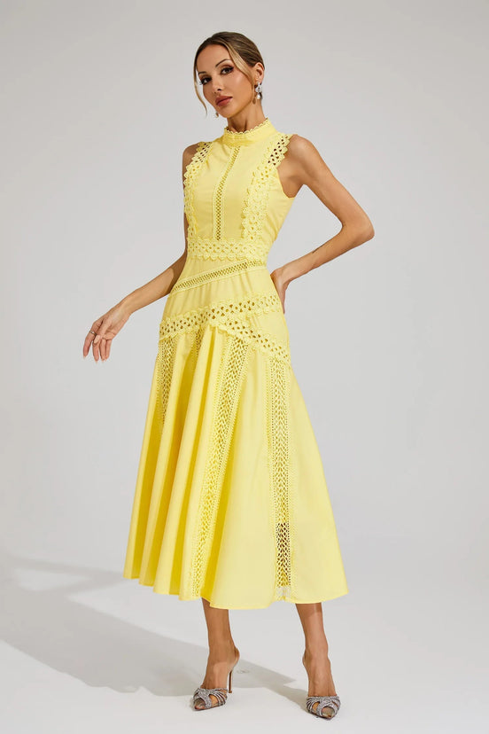 Eyelet Lace Mock Neck Midi Dress - Spring Racing Style