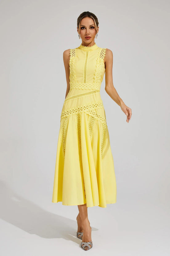 Eyelet Lace Mock Neck Midi Dress - Spring Racing Style